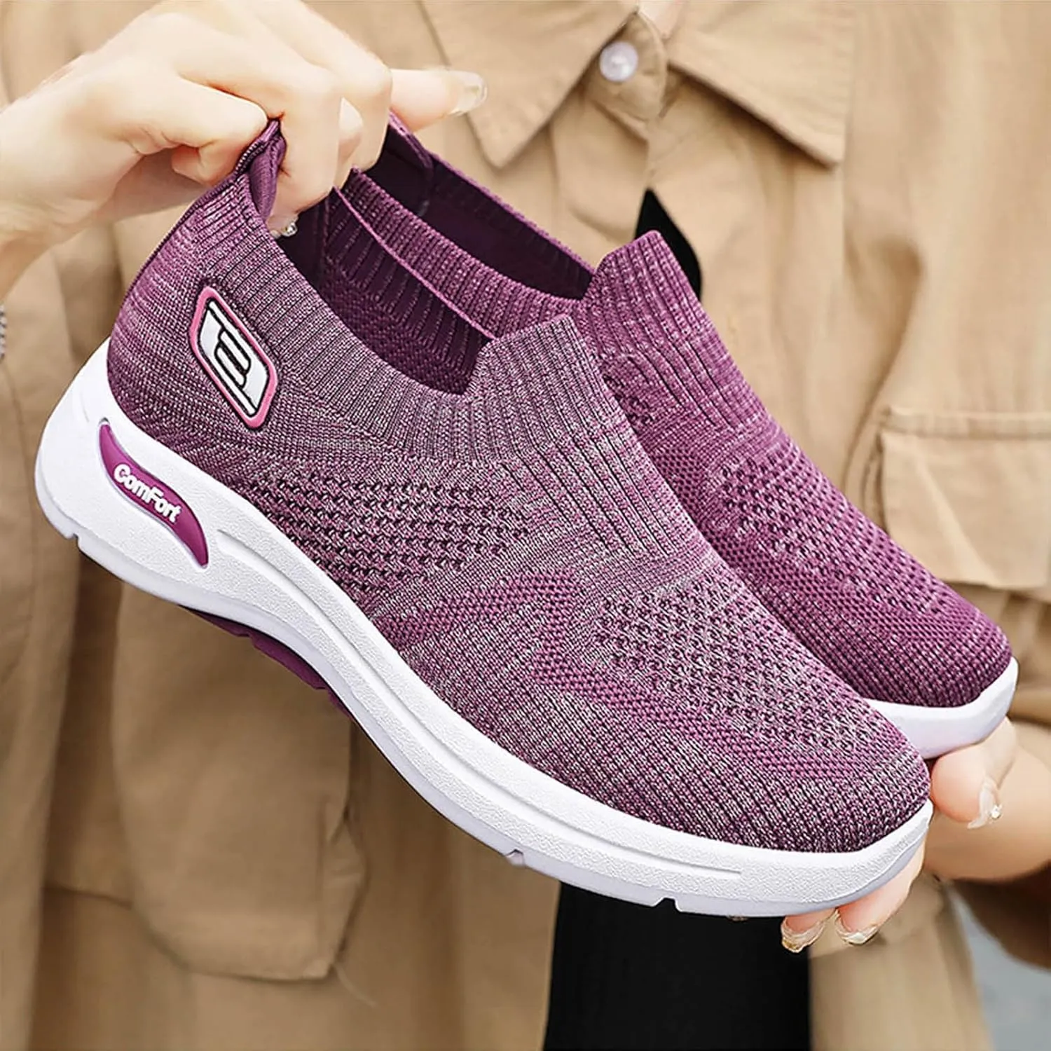 Womens Orthopedic Sneakers Slip On Running Tennis Shoes Breathable Woven Nurse Shoes Casual Air Cushion Walking Shoes