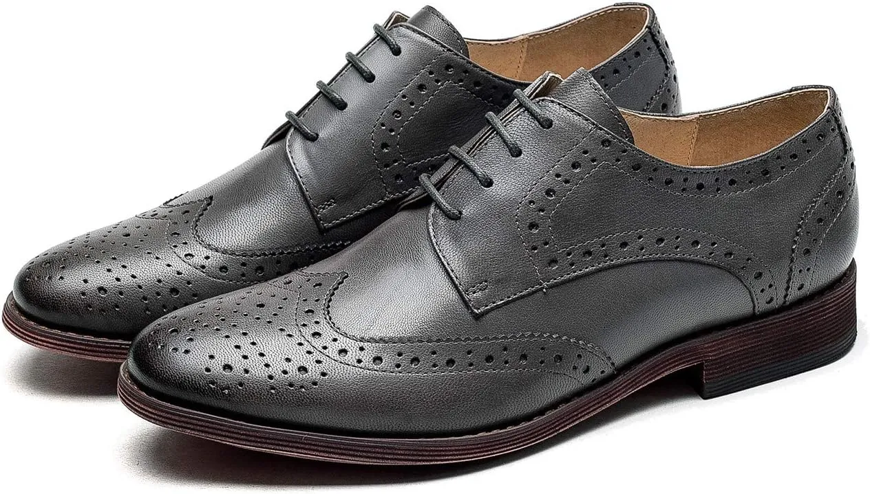 Women's Perforated Classic Lace-up Oxfords Brogue Wingtip Round Toe Derby Saddle Leather Shoes for Women Girls Lady Wife