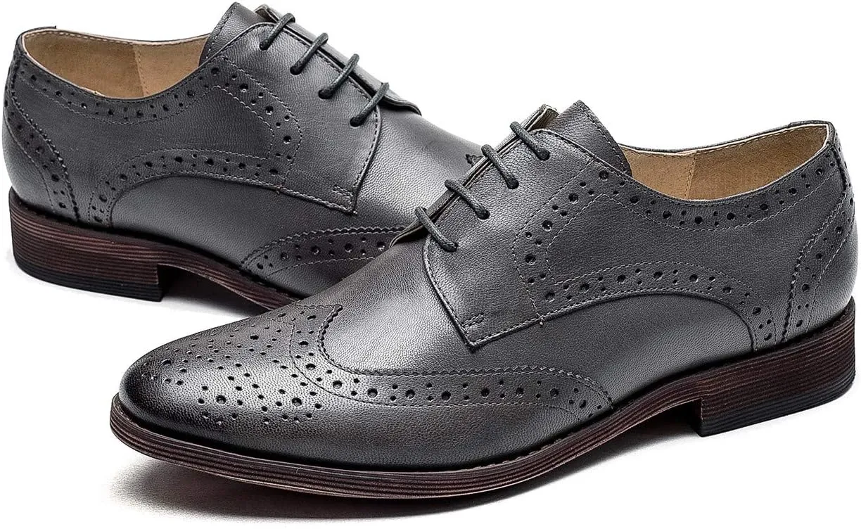 Women's Perforated Classic Lace-up Oxfords Brogue Wingtip Round Toe Derby Saddle Leather Shoes for Women Girls Lady Wife