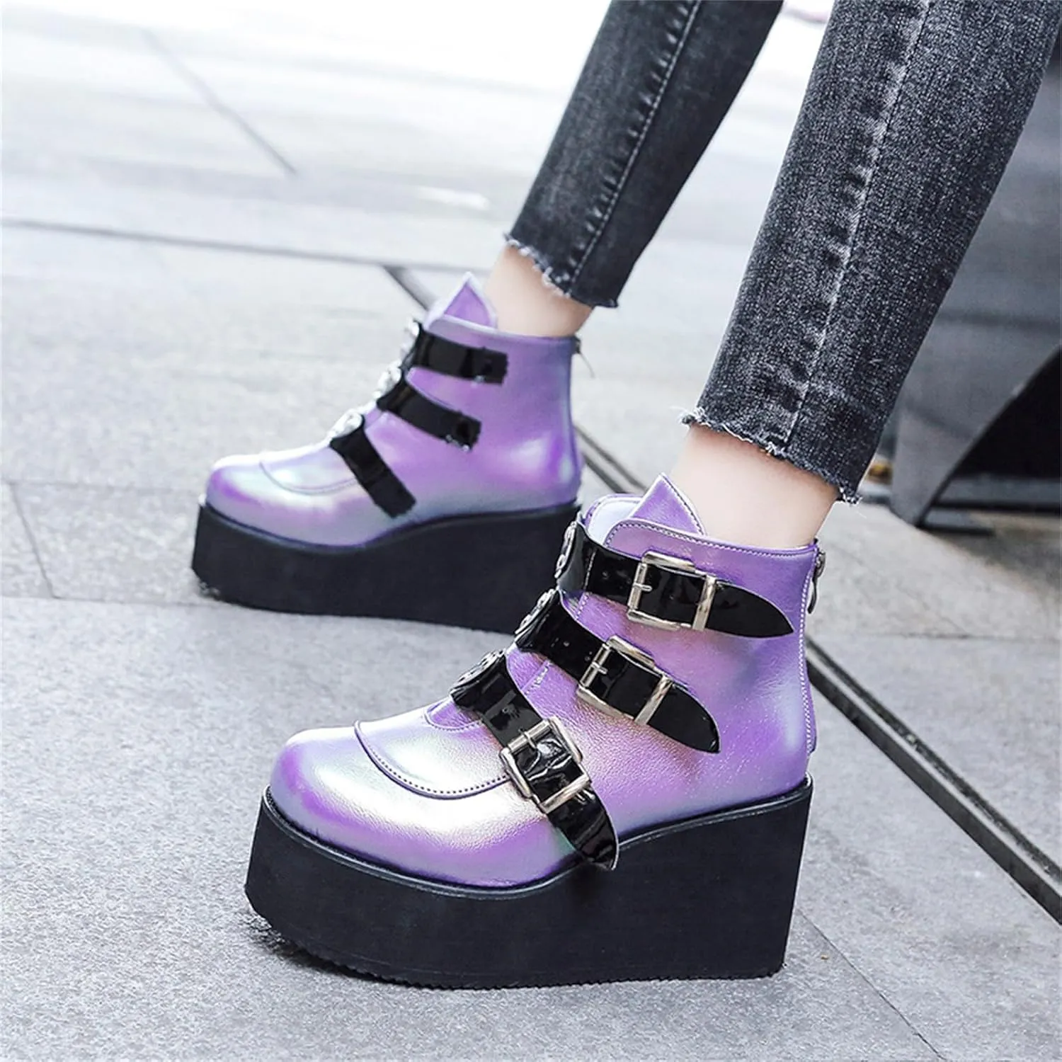 Women's Platform Ankle Boots Back Zip Buckle Punk Motorcycle Boots Round Toe Chunky Block Heel Combat Wedge Booties