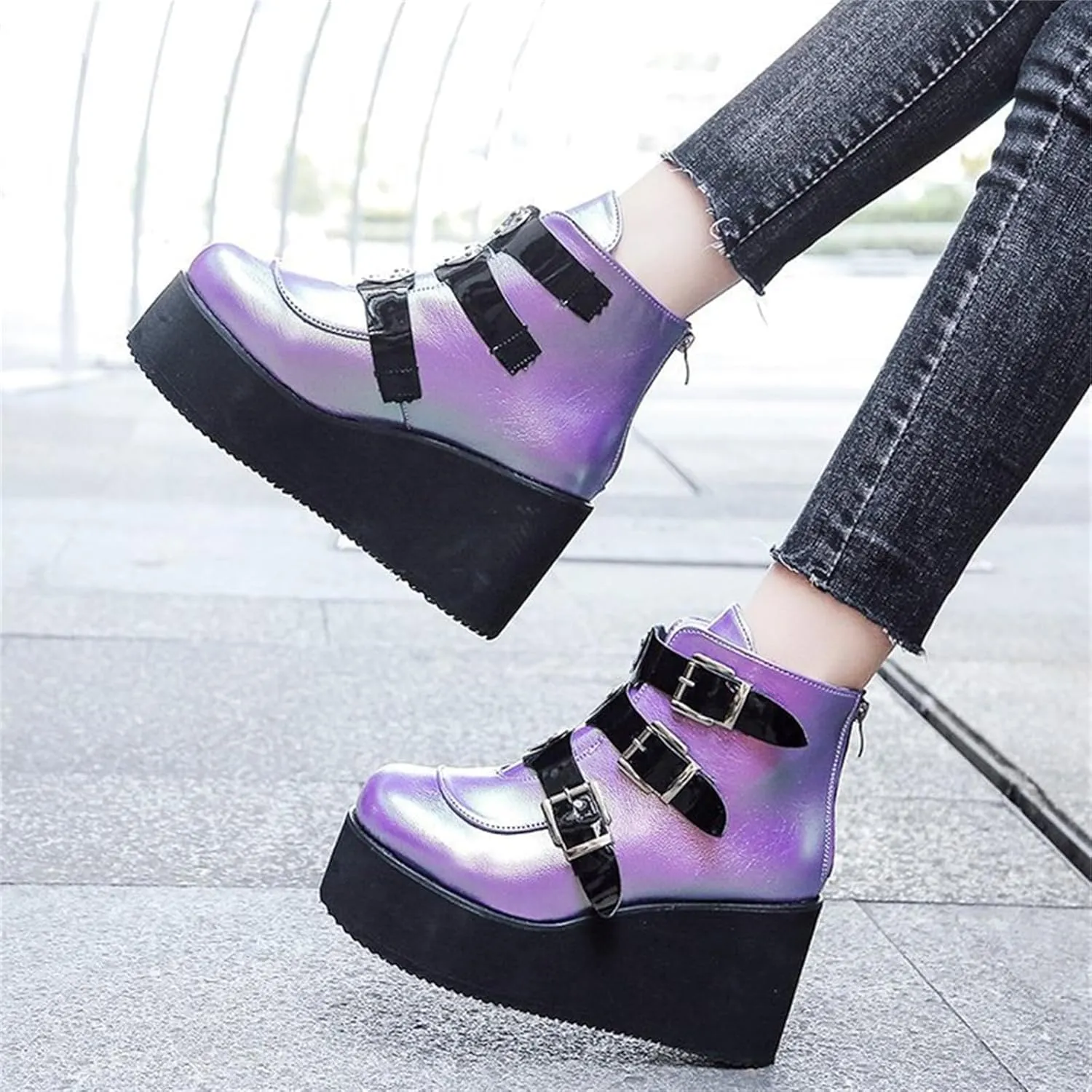 Women's Platform Ankle Boots Back Zip Buckle Punk Motorcycle Boots Round Toe Chunky Block Heel Combat Wedge Booties