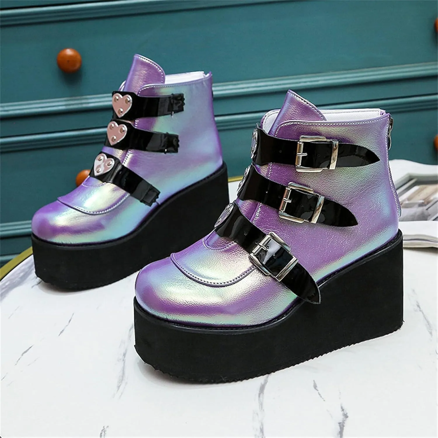 Women's Platform Ankle Boots Back Zip Buckle Punk Motorcycle Boots Round Toe Chunky Block Heel Combat Wedge Booties