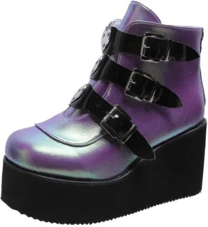 Women's Platform Ankle Boots Back Zip Buckle Punk Motorcycle Boots Round Toe Chunky Block Heel Combat Wedge Booties