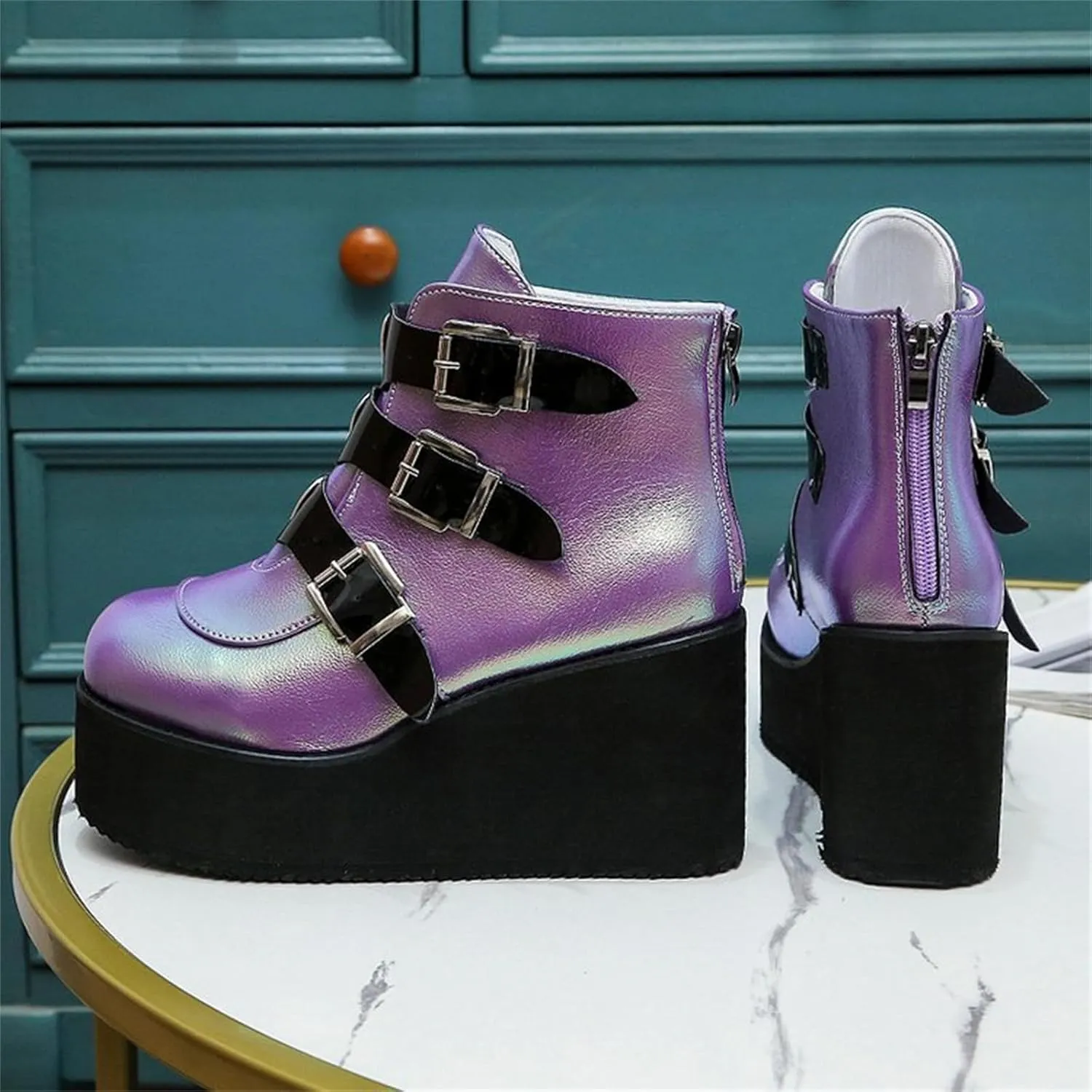 Women's Platform Ankle Boots Back Zip Buckle Punk Motorcycle Boots Round Toe Chunky Block Heel Combat Wedge Booties