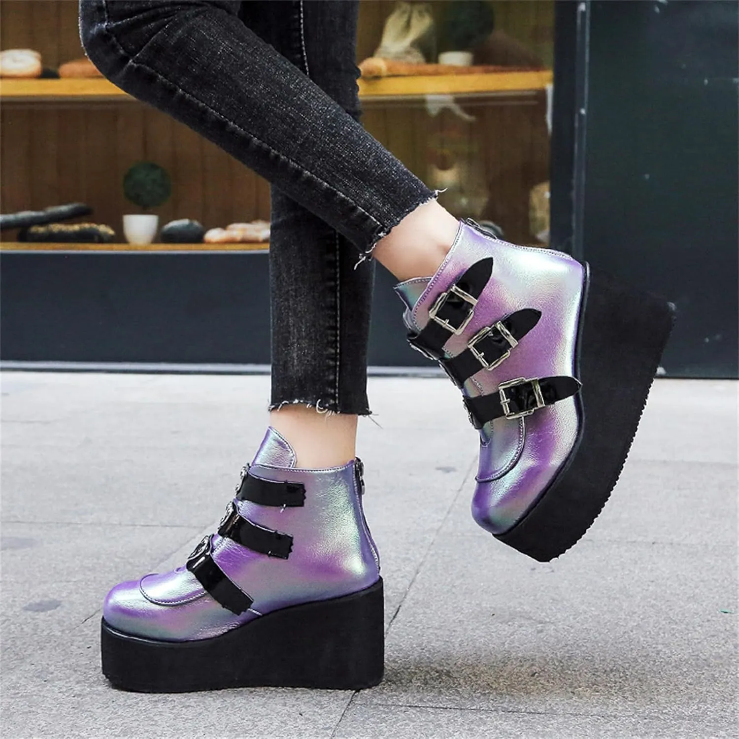 Women's Platform Ankle Boots Back Zip Buckle Punk Motorcycle Boots Round Toe Chunky Block Heel Combat Wedge Booties