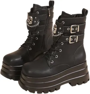 Women's Platform Goth Boots, Gothic Lace Up Combat Boots, Punk Side Zipper Rave Short Ankle Boots