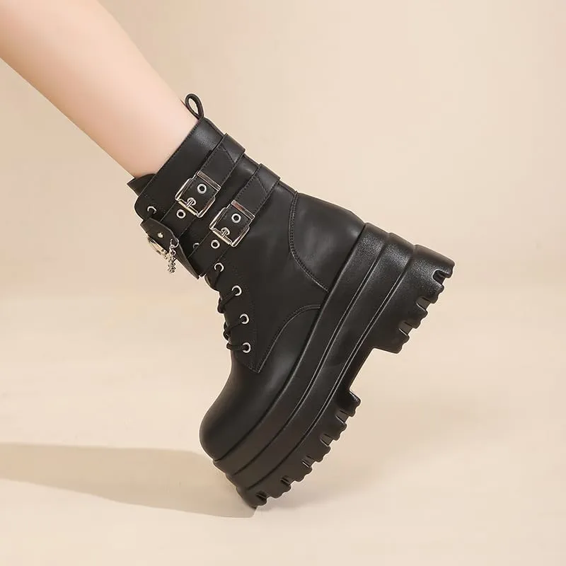 Women's Platform Goth Boots, Gothic Lace Up Combat Boots, Punk Side Zipper Rave Short Ankle Boots