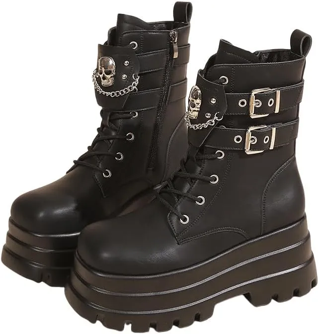 Women's Platform Goth Boots, Gothic Lace Up Combat Boots, Punk Side Zipper Rave Short Ankle Boots