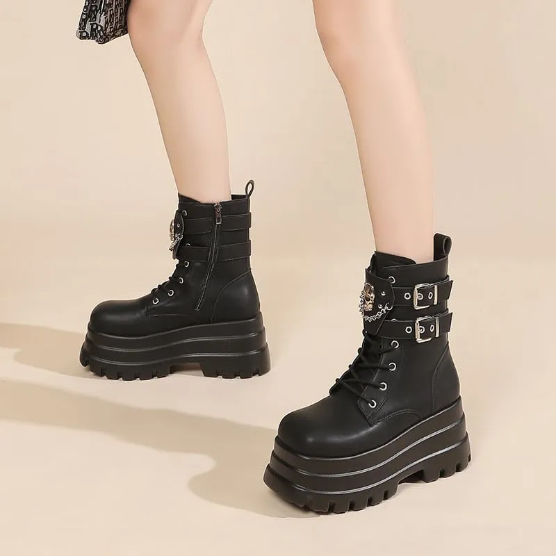 Women's Platform Goth Boots, Gothic Lace Up Combat Boots, Punk Side Zipper Rave Short Ankle Boots