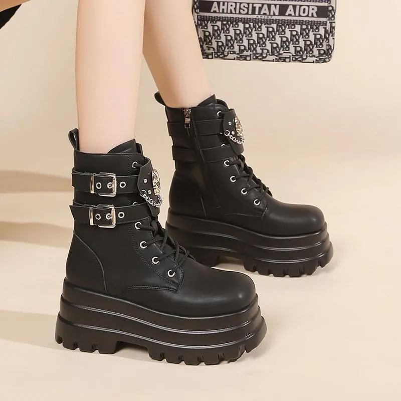 Women's Platform Goth Boots, Gothic Lace Up Combat Boots, Punk Side Zipper Rave Short Ankle Boots