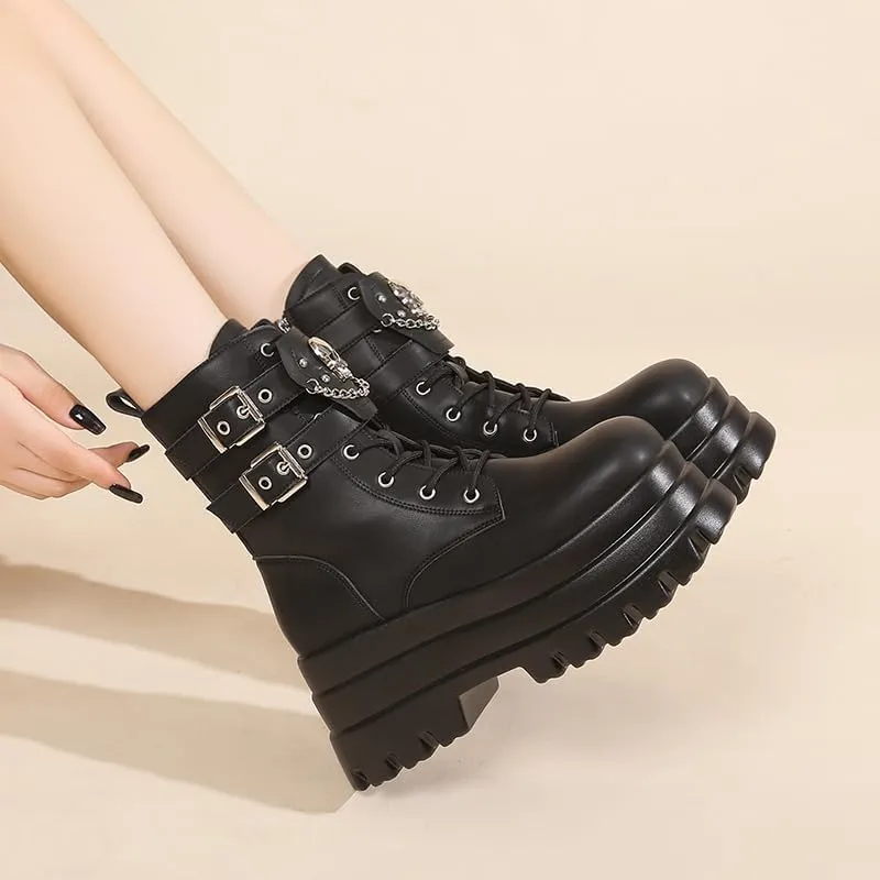 Women's Platform Goth Boots, Gothic Lace Up Combat Boots, Punk Side Zipper Rave Short Ankle Boots