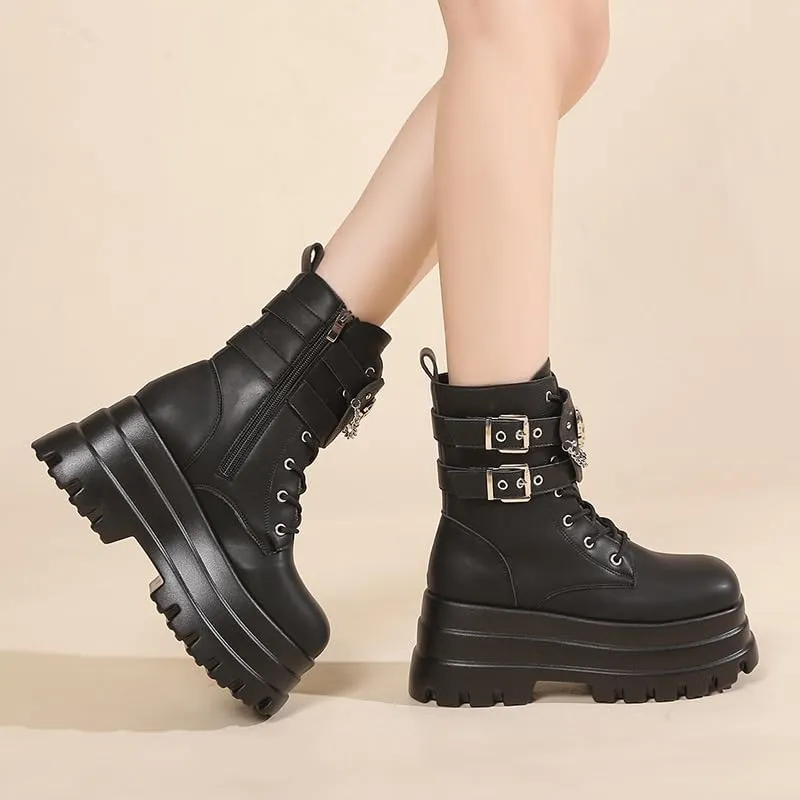 Women's Platform Goth Boots, Gothic Lace Up Combat Boots, Punk Side Zipper Rave Short Ankle Boots