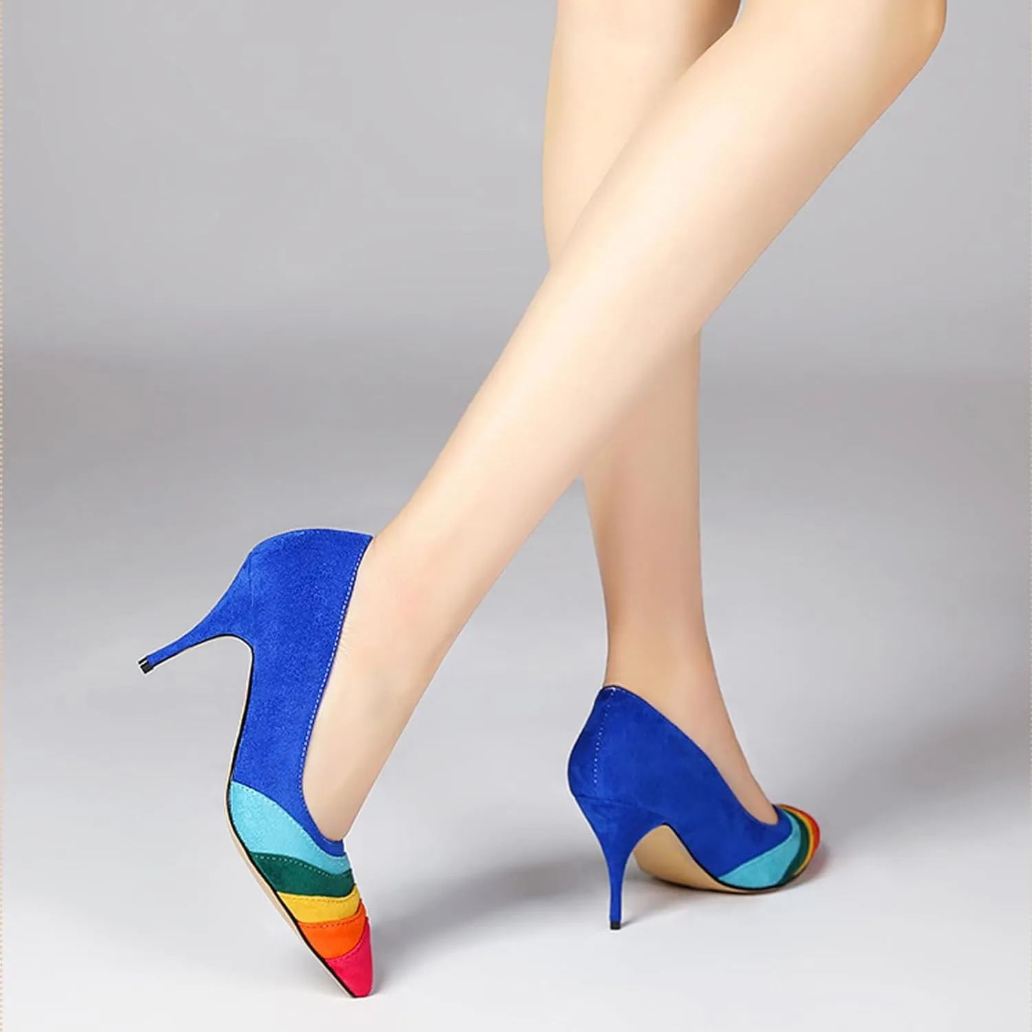 Women's Pointed Toe Rainbow Suede Pumps,Fashion Stitching Color Slip On Closed Toe Comfort Chunky Heeled Office Party Dress High Heel Shoes Classic Stilettos