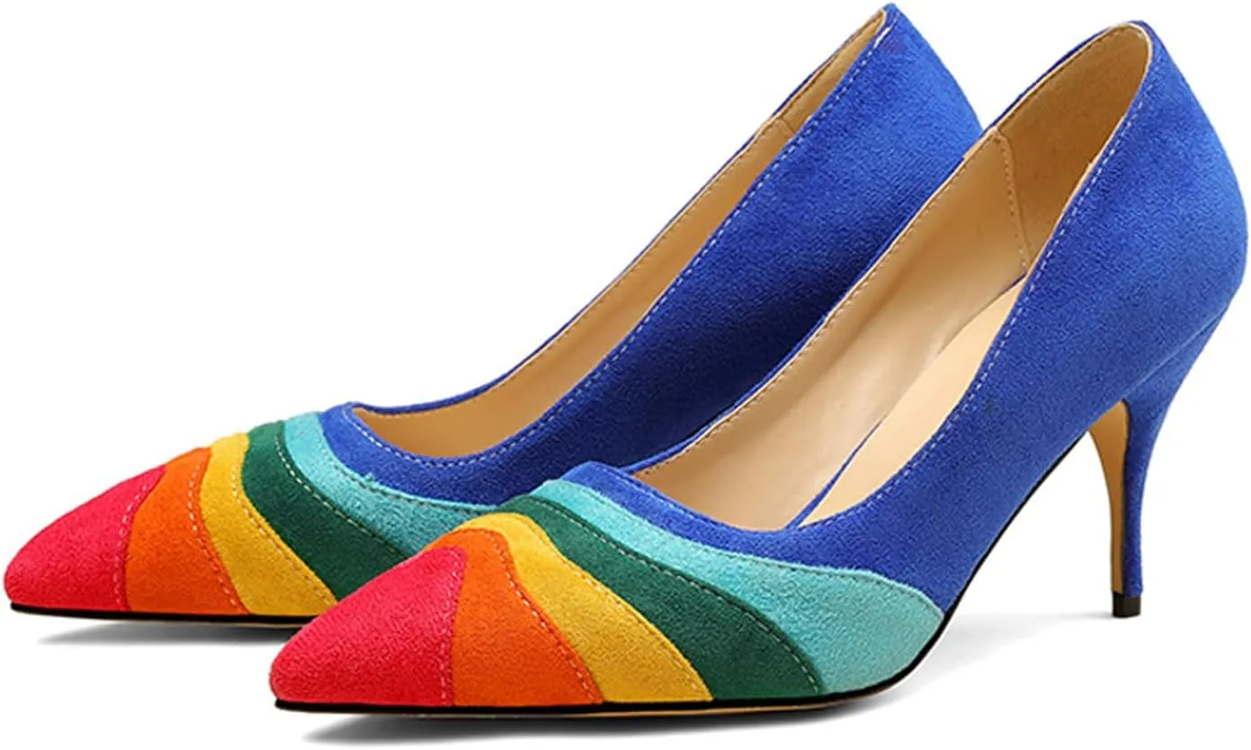 Women's Pointed Toe Rainbow Suede Pumps,Fashion Stitching Color Slip On Closed Toe Comfort Chunky Heeled Office Party Dress High Heel Shoes Classic Stilettos