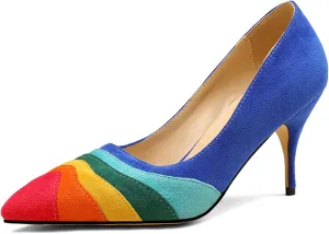 Women's Pointed Toe Rainbow Suede Pumps,Fashion Stitching Color Slip On Closed Toe Comfort Chunky Heeled Office Party Dress High Heel Shoes Classic Stilettos