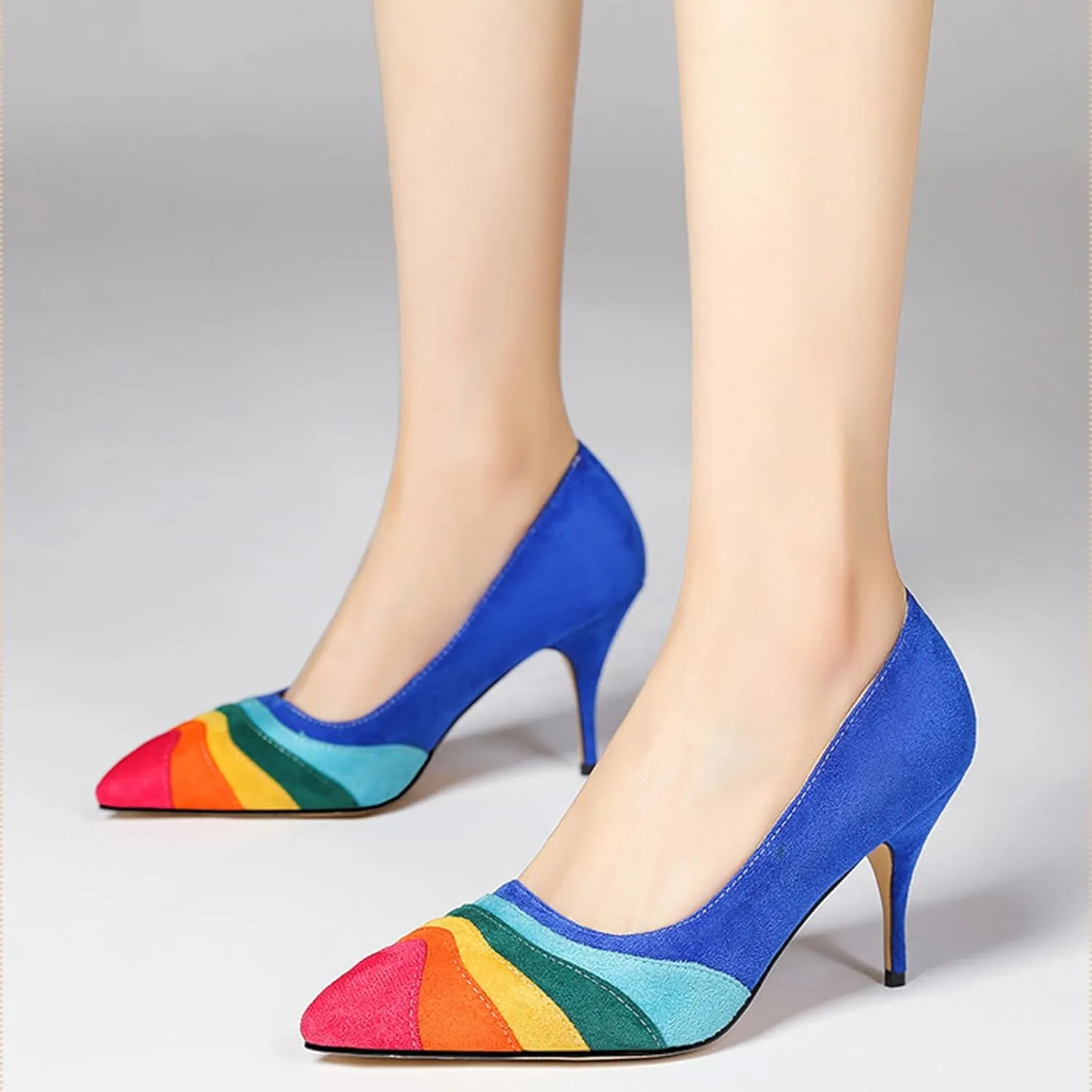 Women's Pointed Toe Rainbow Suede Pumps,Fashion Stitching Color Slip On Closed Toe Comfort Chunky Heeled Office Party Dress High Heel Shoes Classic Stilettos