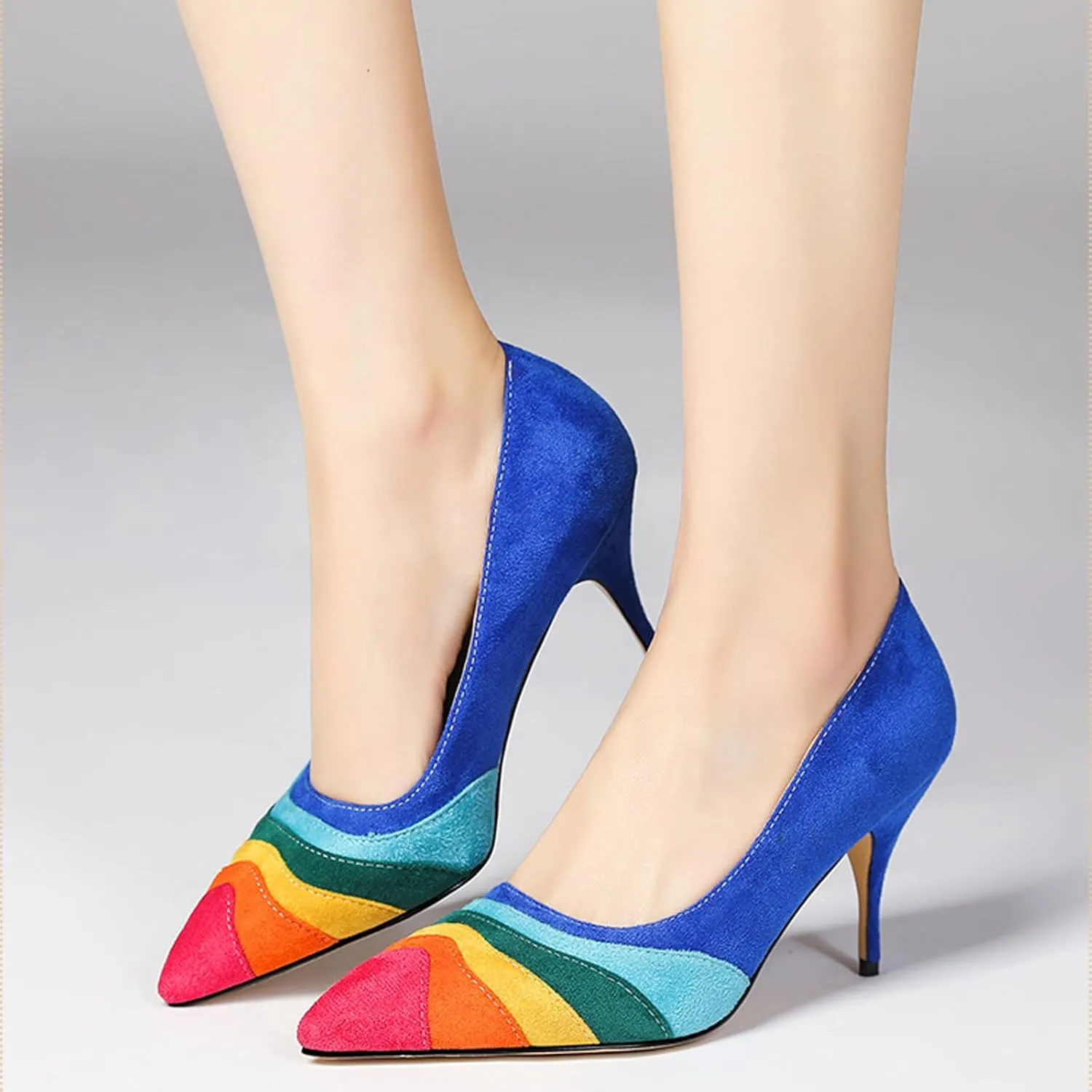 Women's Pointed Toe Rainbow Suede Pumps,Fashion Stitching Color Slip On Closed Toe Comfort Chunky Heeled Office Party Dress High Heel Shoes Classic Stilettos