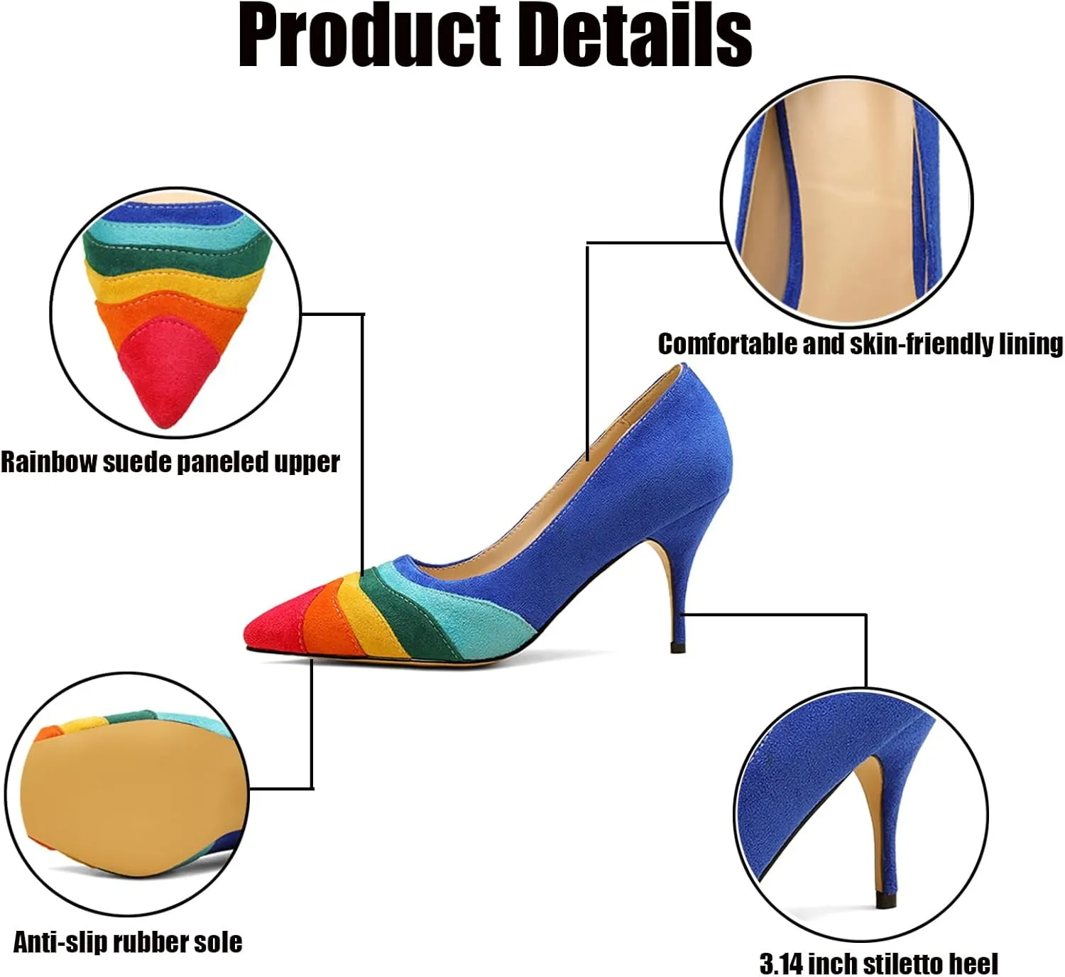 Women's Pointed Toe Rainbow Suede Pumps,Fashion Stitching Color Slip On Closed Toe Comfort Chunky Heeled Office Party Dress High Heel Shoes Classic Stilettos