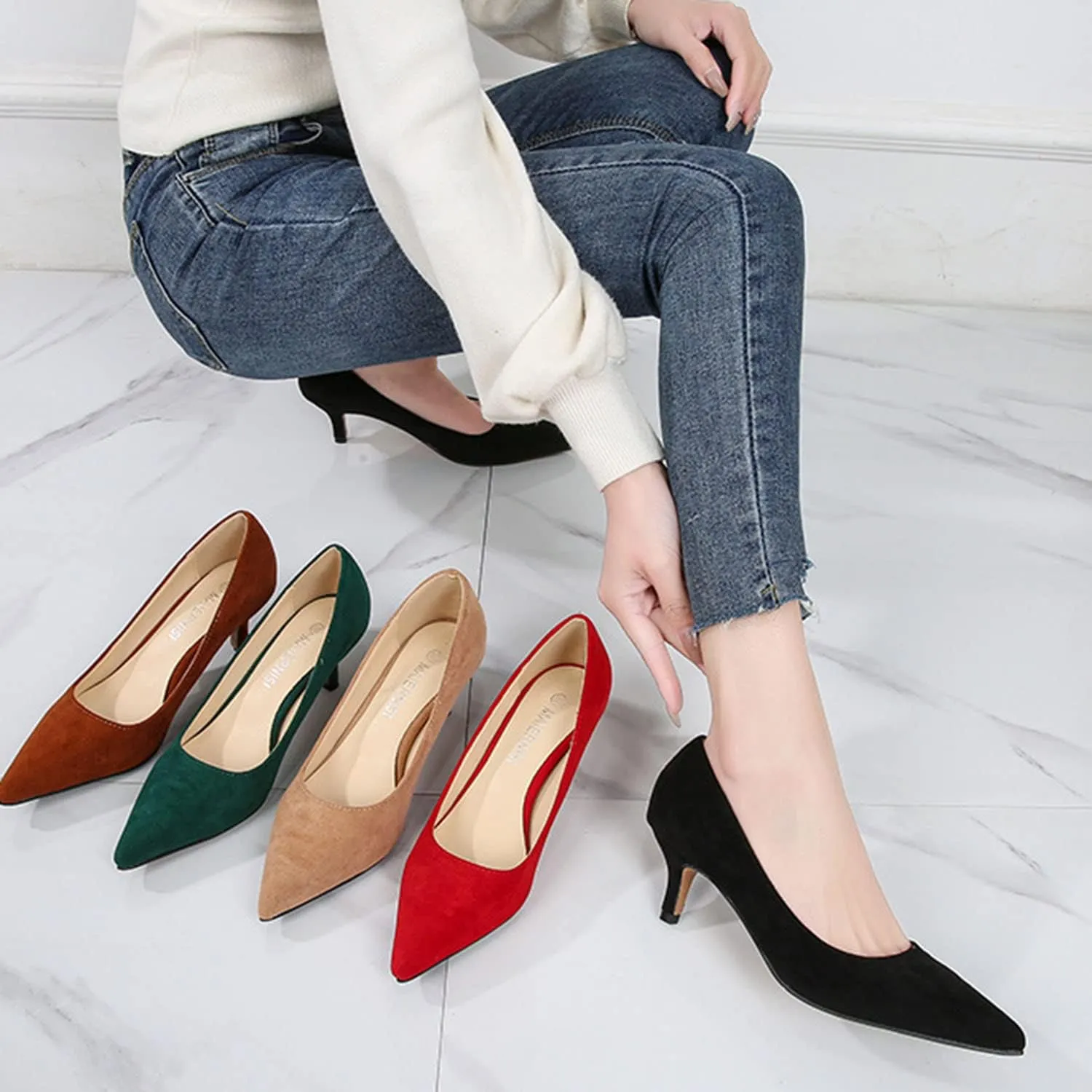 Women's Suede 1.96" Kitten Heel Pumps Pointed Toe Slip on Classic Low Heel Dress Comfort Office Daily Shoes Large Size 35-46
