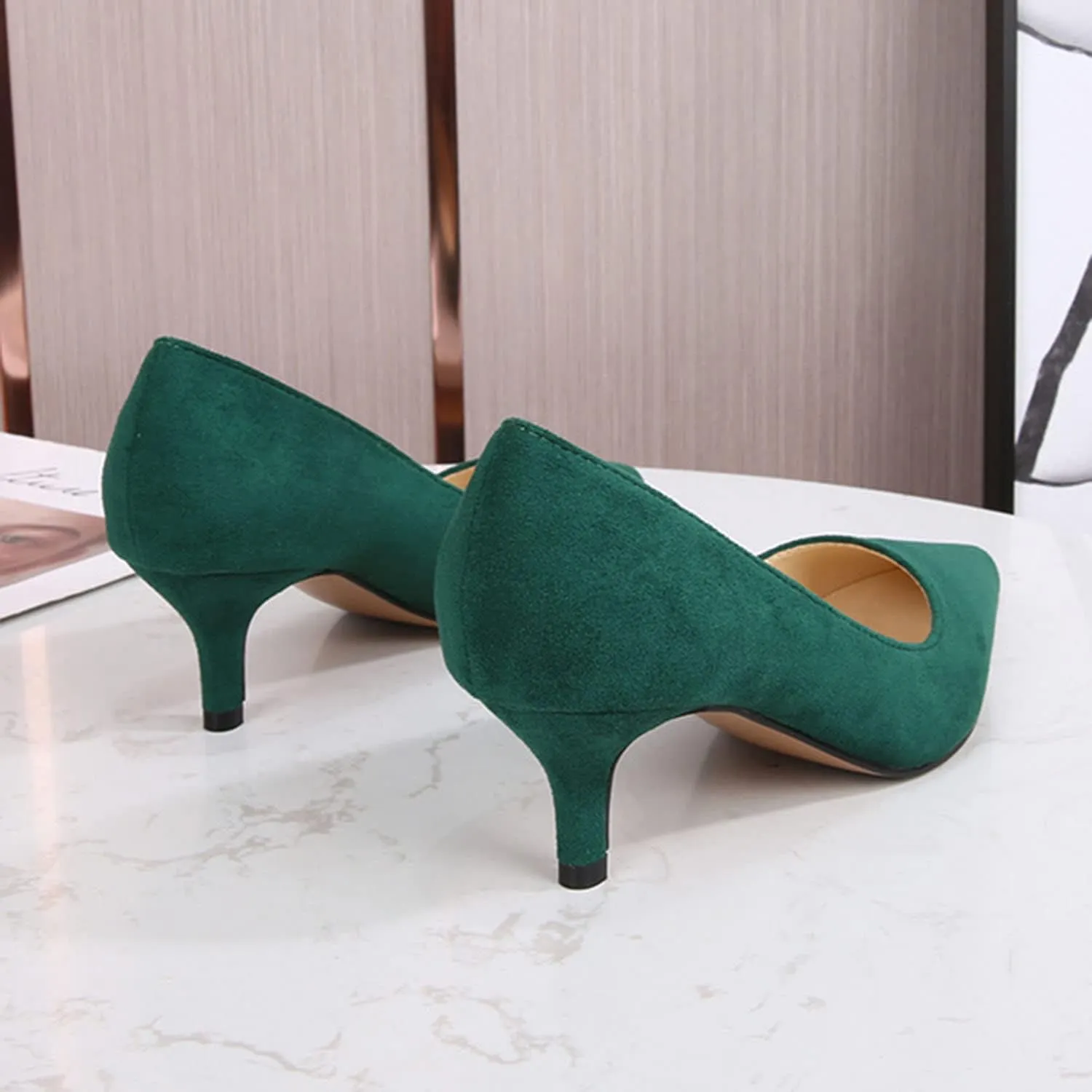 Women's Suede 1.96" Kitten Heel Pumps Pointed Toe Slip on Classic Low Heel Dress Comfort Office Daily Shoes Large Size 35-46