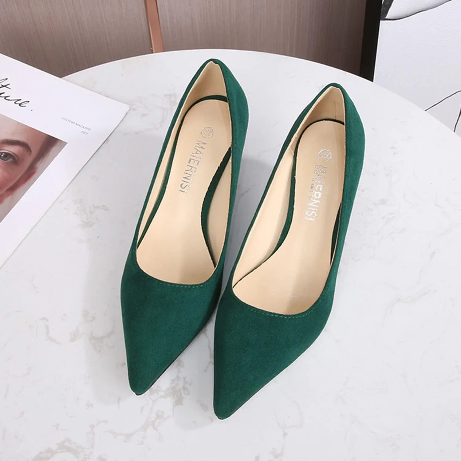 Women's Suede 1.96" Kitten Heel Pumps Pointed Toe Slip on Classic Low Heel Dress Comfort Office Daily Shoes Large Size 35-46