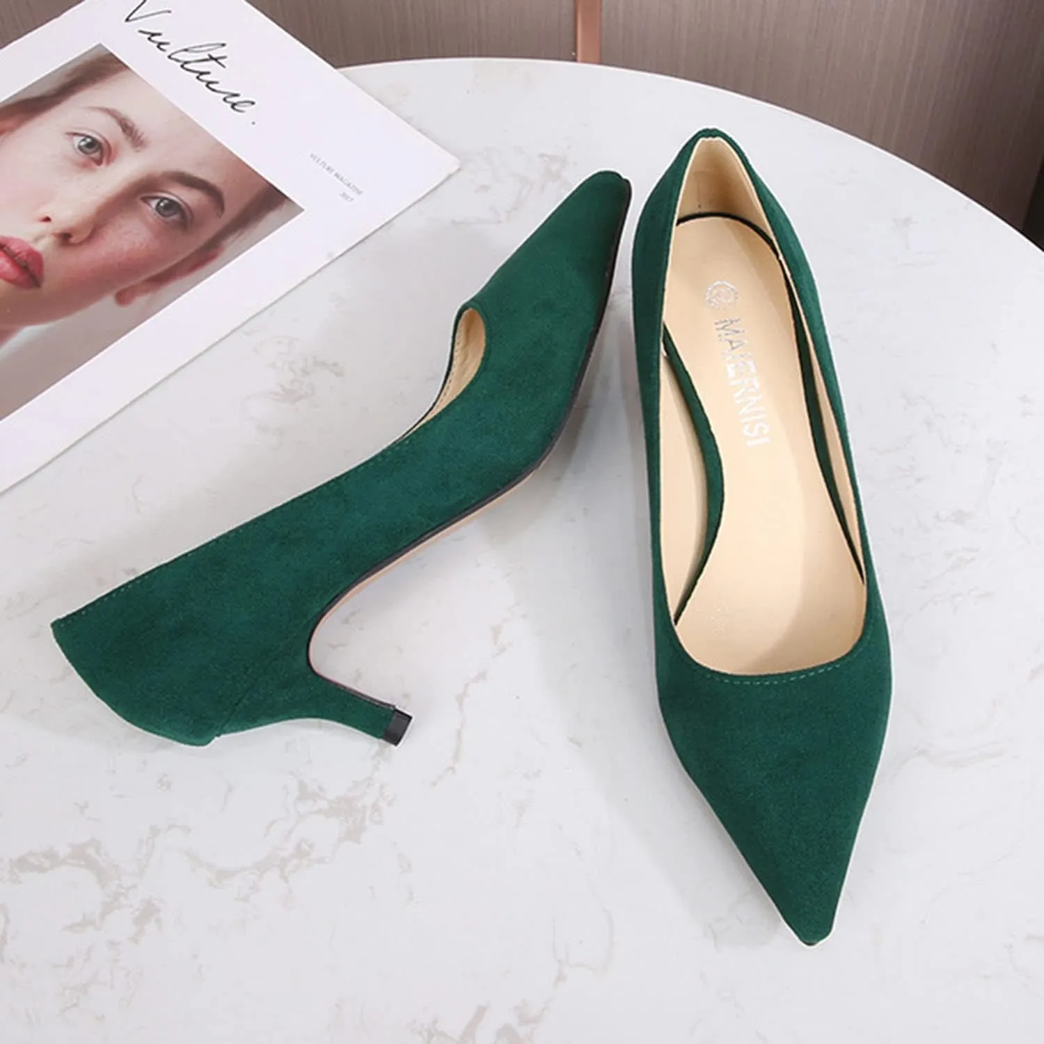 Women's Suede 1.96" Kitten Heel Pumps Pointed Toe Slip on Classic Low Heel Dress Comfort Office Daily Shoes Large Size 35-46