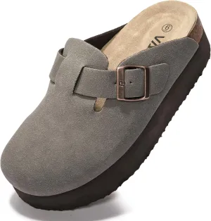 Women's Suede Clogs Cork Footbed Sandals Comfort Platform Mules with Arch Support Adjustable Buckle Slip On Slippers