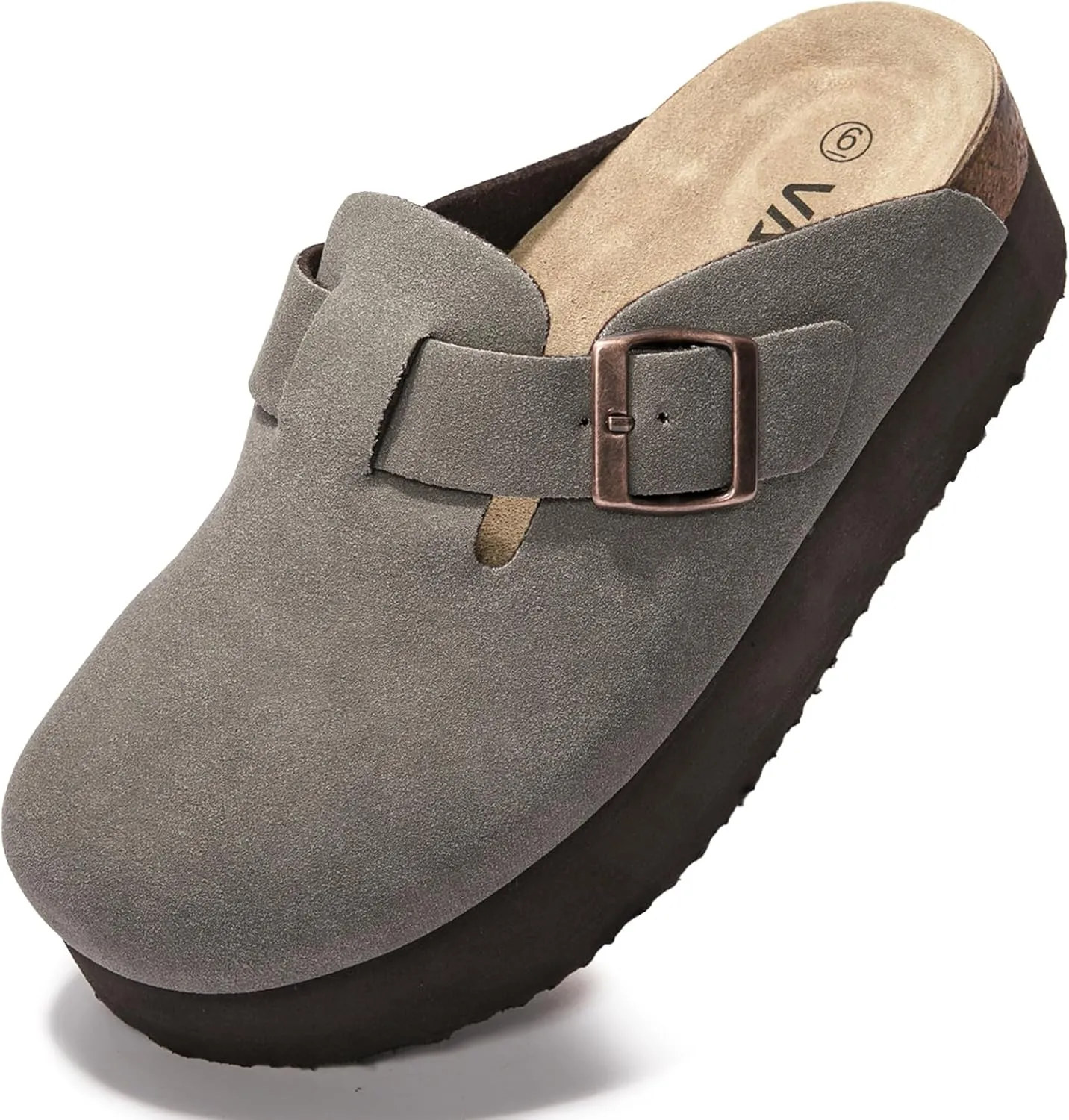 Women's Suede Clogs Cork Footbed Sandals Comfort Platform Mules with Arch Support Adjustable Buckle Slip On Slippers