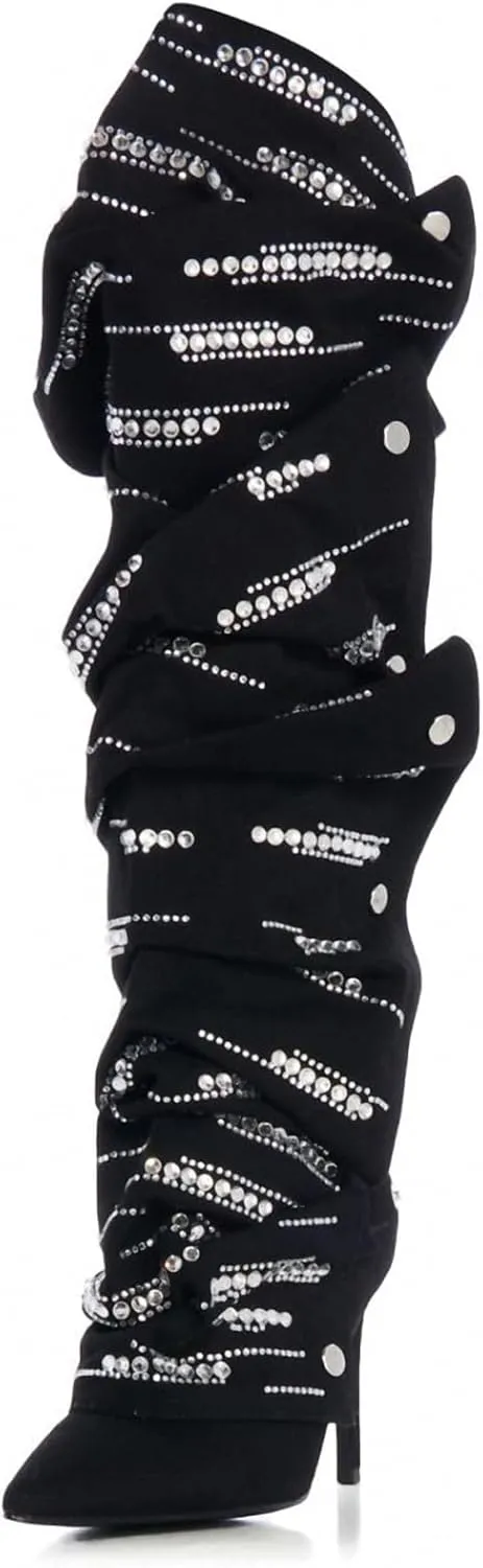 Women's suede Sparkly Rhinestone Stiletto Knee High Pointed Toe Zipper High Heel Shark Boots