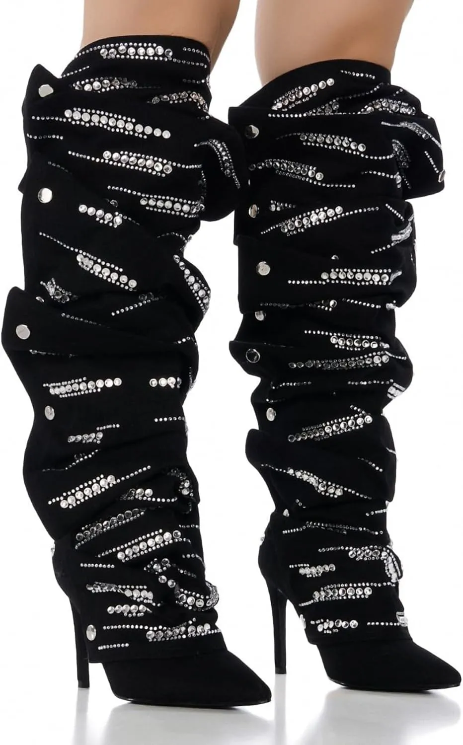 Women's suede Sparkly Rhinestone Stiletto Knee High Pointed Toe Zipper High Heel Shark Boots