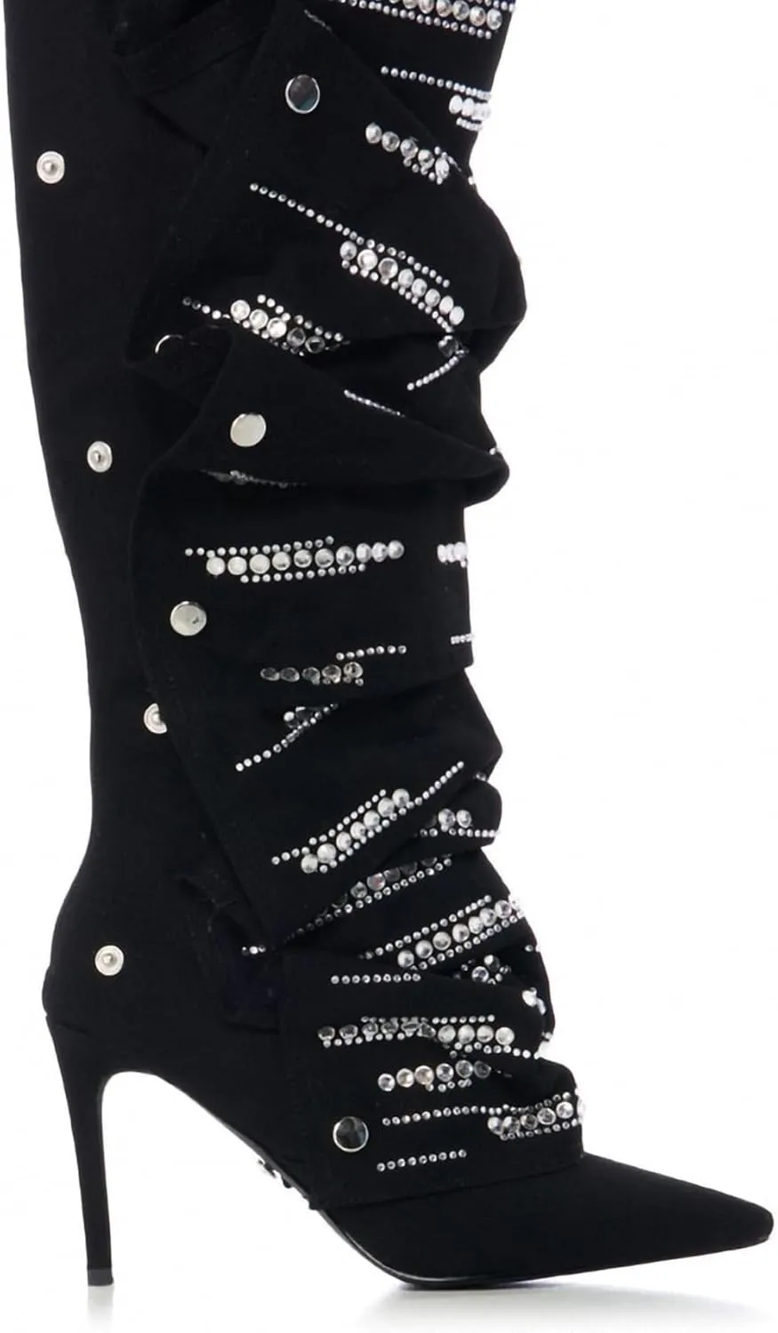 Women's suede Sparkly Rhinestone Stiletto Knee High Pointed Toe Zipper High Heel Shark Boots