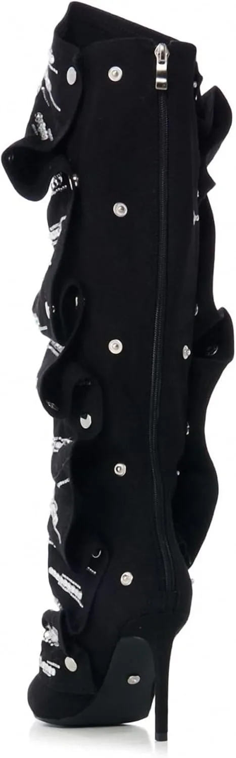 Women's suede Sparkly Rhinestone Stiletto Knee High Pointed Toe Zipper High Heel Shark Boots