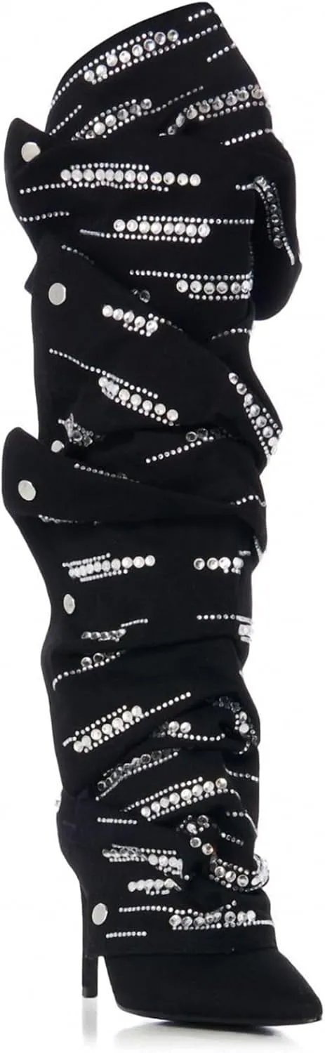 Women's suede Sparkly Rhinestone Stiletto Knee High Pointed Toe Zipper High Heel Shark Boots
