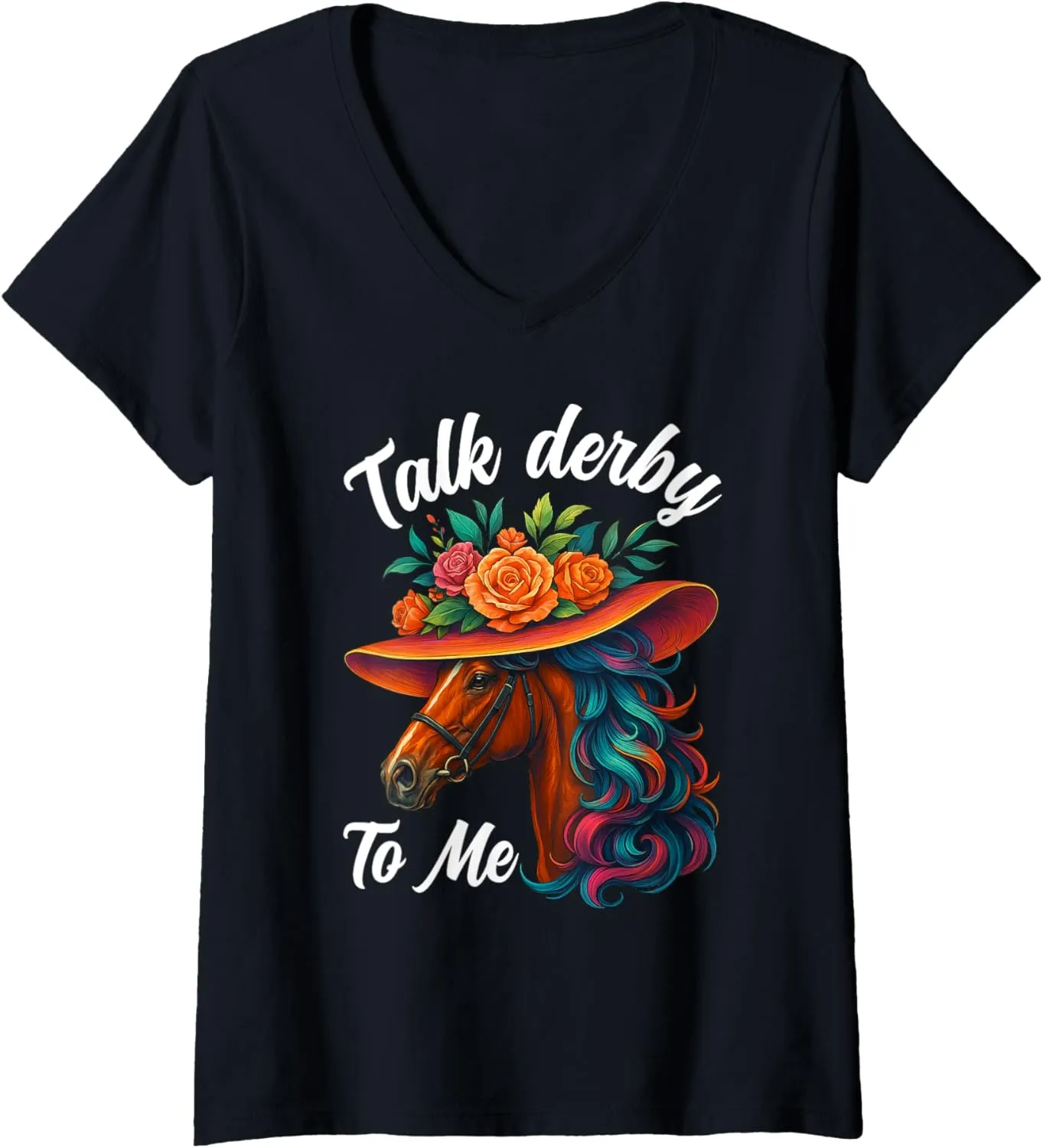 Womens Talk Derby To Me Horse Racing Equestrian Horse Rider V-Neck T-Shirt