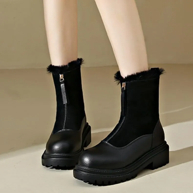 Women's Winter Combat Boots, Comfortable Warm Faux Fur Lined Outdoor Walking Boots Zipper Splicing Ankle