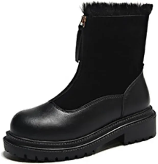 Women's Winter Combat Boots, Comfortable Warm Faux Fur Lined Outdoor Walking Boots Zipper Splicing Ankle
