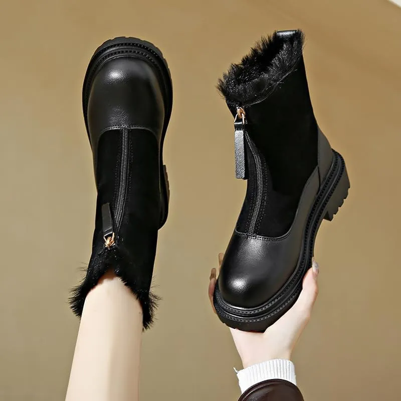 Women's Winter Combat Boots, Comfortable Warm Faux Fur Lined Outdoor Walking Boots Zipper Splicing Ankle