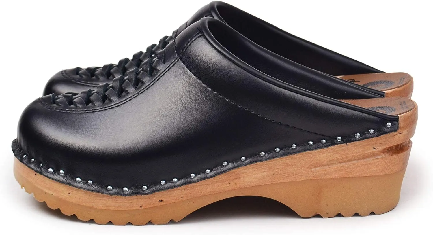 Wright Bastad Leather Slip On Closed Toe Non Slip Womens Braided Swedish Wooden Clogs