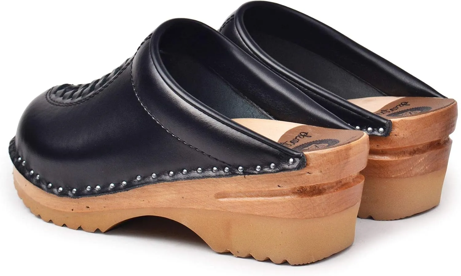Wright Bastad Leather Slip On Closed Toe Non Slip Womens Braided Swedish Wooden Clogs