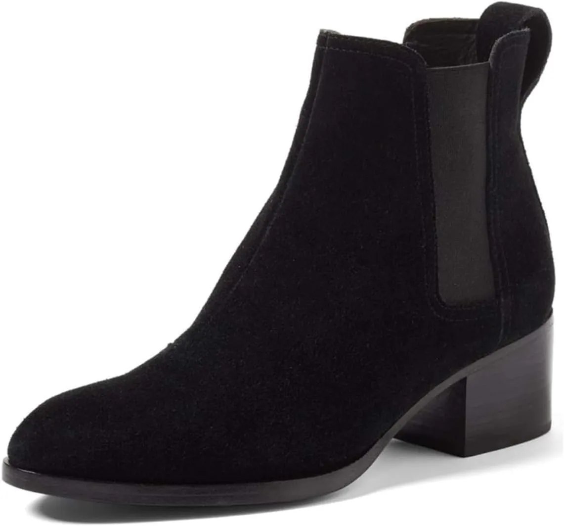 XYD Women Classic Chelsea Ankle Booties Pull On Almond Toe Low Chunky Heel Boots Suede Elastic Western Shoes