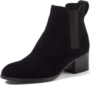 XYD Women Classic Chelsea Ankle Booties Pull On Almond Toe Low Chunky Heel Boots Suede Elastic Western Shoes