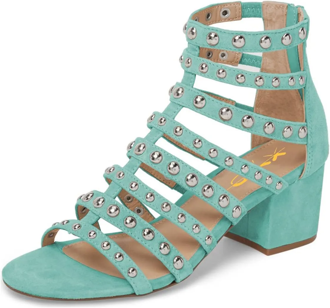 XYD Women Open Toe Gladiator Block Mid Heels Sandals Strappy Studded Cut Out Back Zipper Shoes