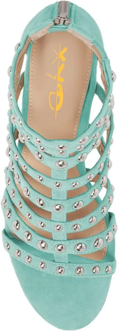 XYD Women Open Toe Gladiator Block Mid Heels Sandals Strappy Studded Cut Out Back Zipper Shoes