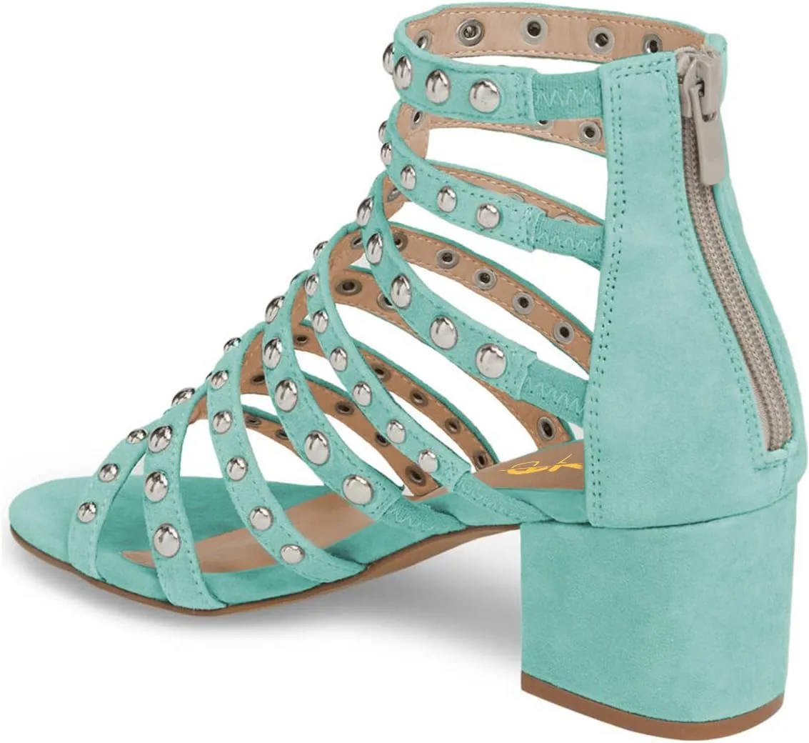 XYD Women Open Toe Gladiator Block Mid Heels Sandals Strappy Studded Cut Out Back Zipper Shoes