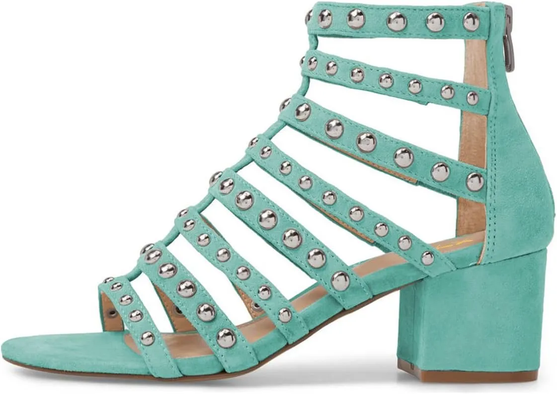 XYD Women Open Toe Gladiator Block Mid Heels Sandals Strappy Studded Cut Out Back Zipper Shoes
