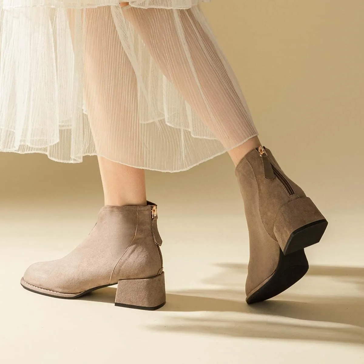 XYD Women's Comfort Classic Chelsea Boots Ankle High Chunky Block Heel Faux Suede Slip On Casual Fashion Round Toe Booties with Back Zipper