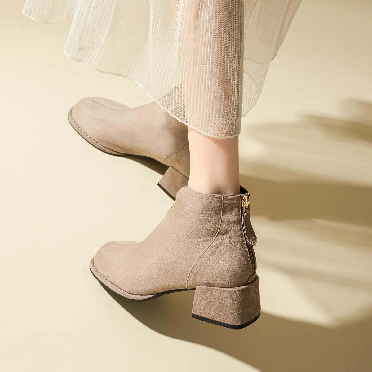 XYD Women's Comfort Classic Chelsea Boots Ankle High Chunky Block Heel Faux Suede Slip On Casual Fashion Round Toe Booties with Back Zipper