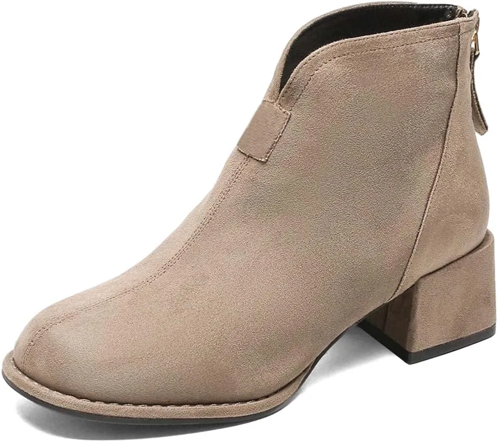 XYD Women's Comfort Classic Chelsea Boots Ankle High Chunky Block Heel Faux Suede Slip On Casual Fashion Round Toe Booties with Back Zipper