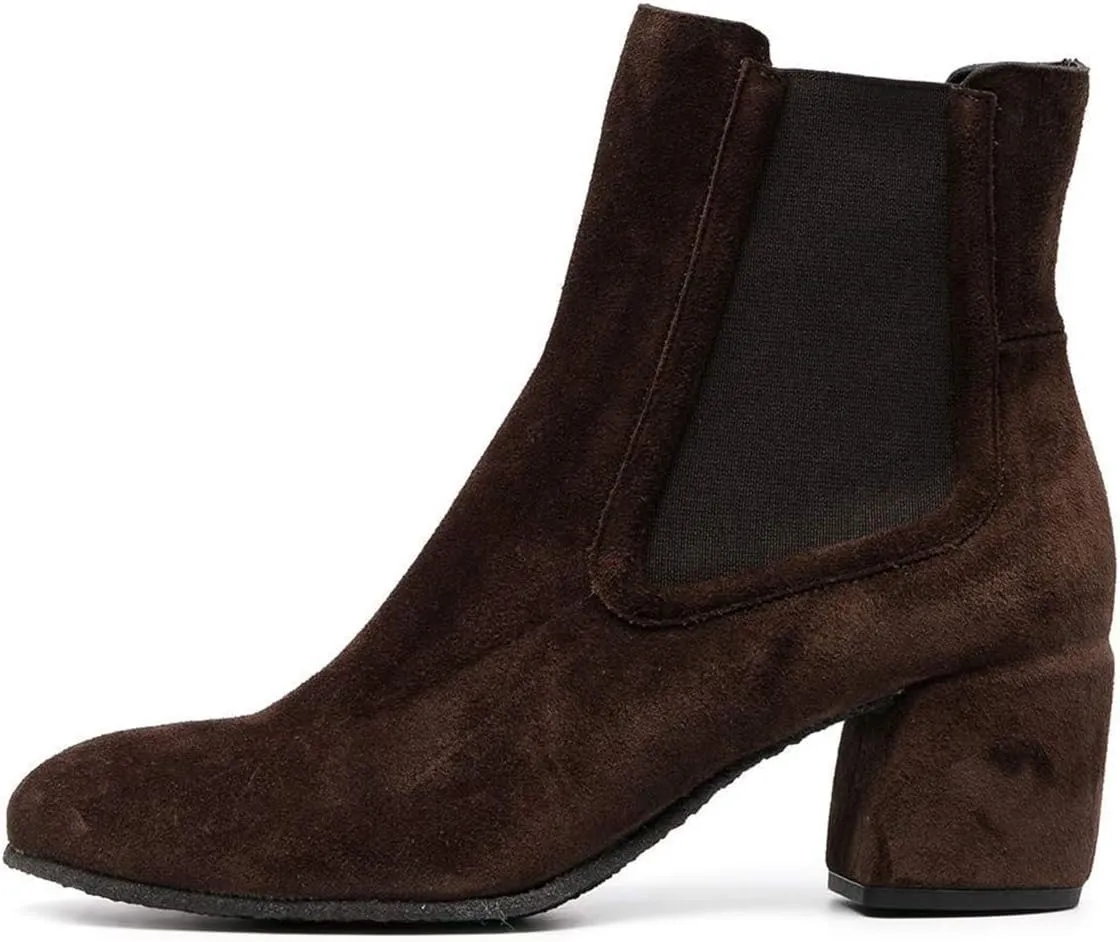 YDN Women Classic Chelsea Ankle Booties Elastic Pull On Round Closed Toe Short Boots Chunky Block Thick Mid Heel Dress Faux Suede Ladies Girls Fall Winter Daily Wear Walking Shoes