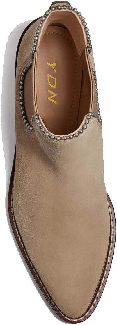YDN Women Classic Stacked Block Low Heel Chelsea Boots Pointed Toe Studs Pull On Booties Elastic Winter Shoes